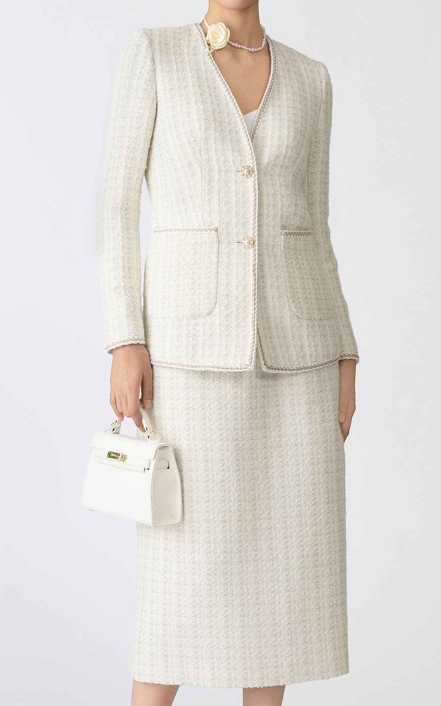 Cream Tweed V-Neck Blazer & Midi Skirt Set - Luxury
