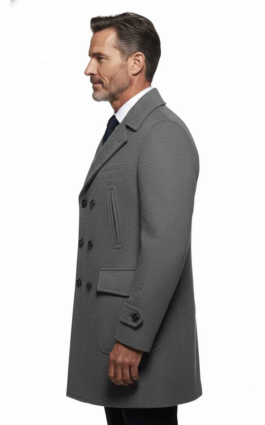 Men's Grey Slim Fit Custom Wool Double-Breasted Formal Overcoat