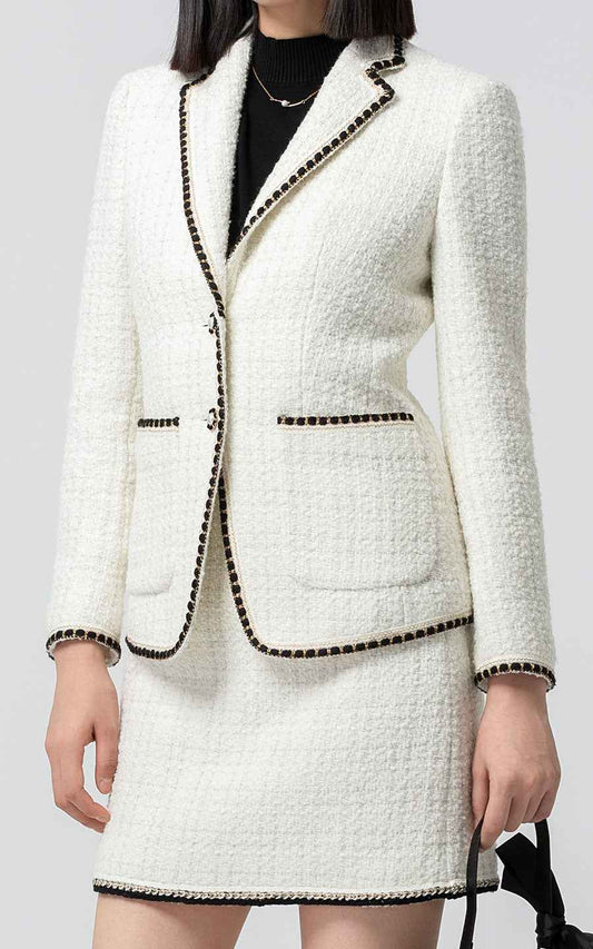 White Tweed Jacket & Skirt Set with Black Trim - Classic