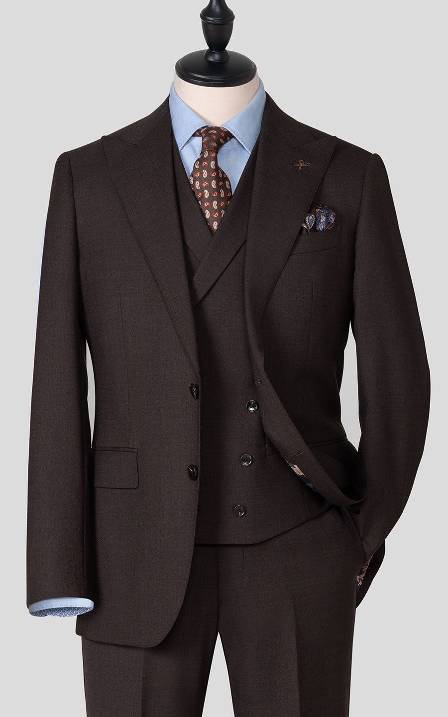 Brown twill bespoke suit front view custom tailored