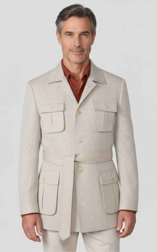 Men's Beige Lace-up Linen Custom Hunting Trench Coat