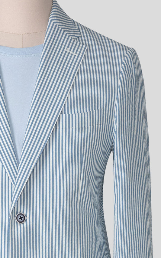 Light blue striped seersucker fabric texture detail