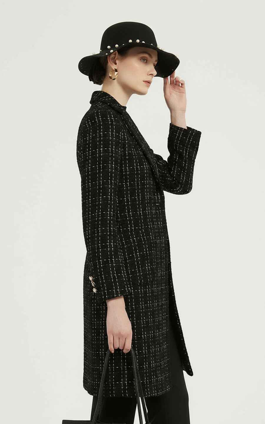 Women's Black Coat - Tweed Pearl Details | Elegant