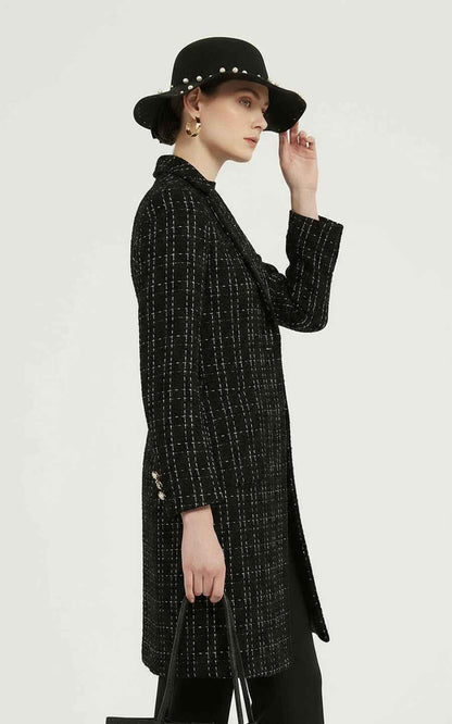 Women's Black Coat - Tweed Pearl Details | Elegant