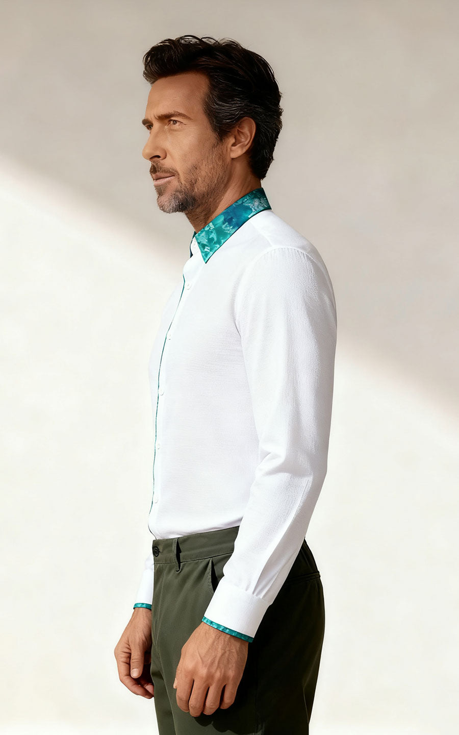 Custom White Dress Shirt with Green Accents - Tailored Fit