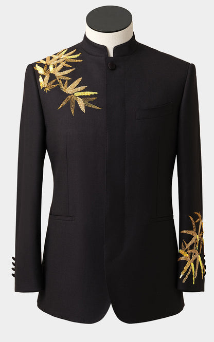 Black bamboo print dress front view custom tailored