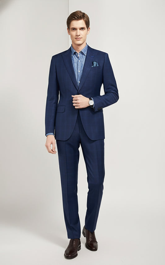 Mens Dark Blue Windowpane Custom Business Suit Set