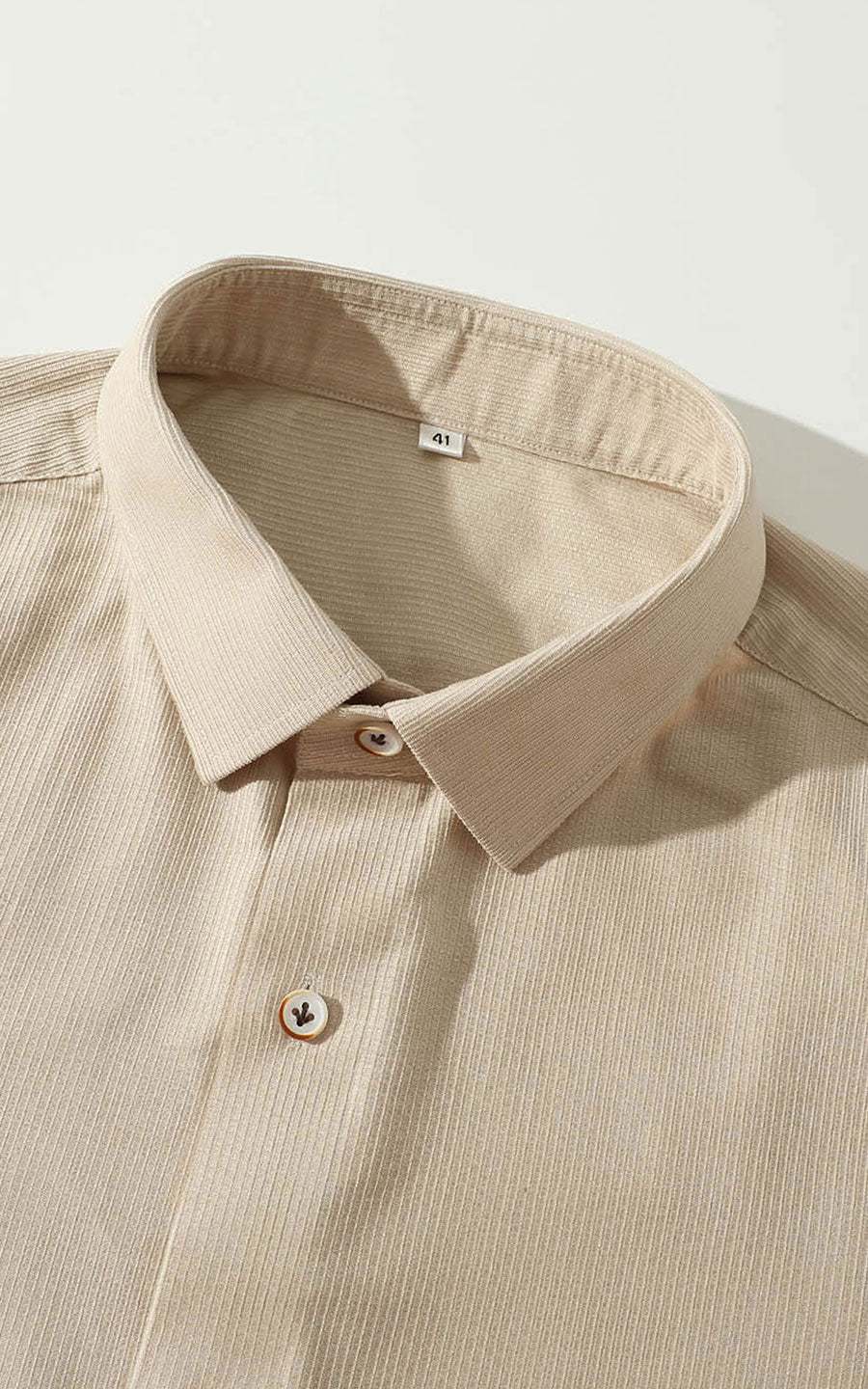 Men's organic khaki shirt detail - eco-friendly cotton