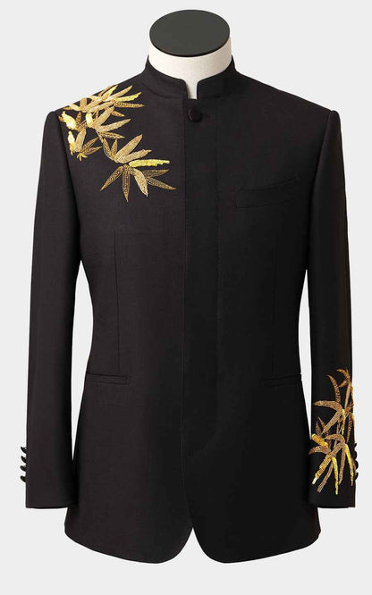 Men's Black Groom Blazer - Golden Bamboo Embroidered