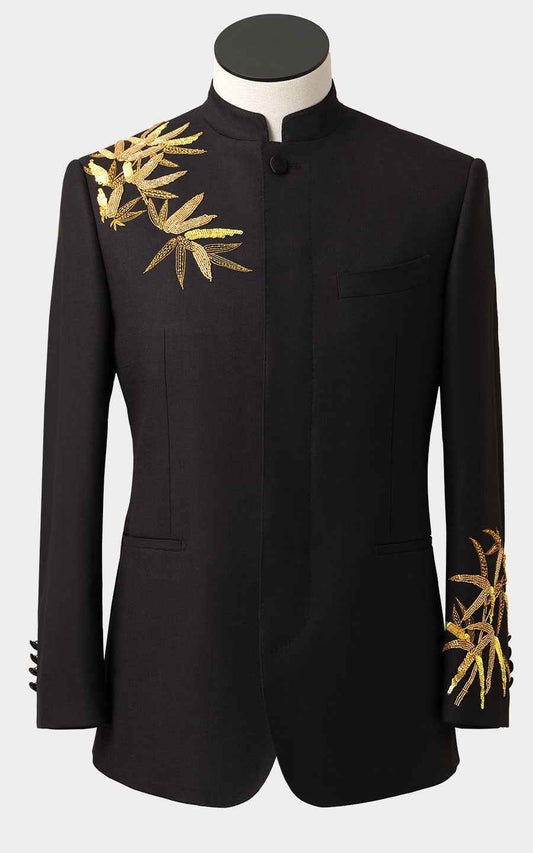 Men's Black Groom Blazer - Golden Bamboo Embroidered