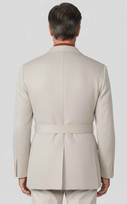 Men's Beige Lace-up Linen Custom Hunting Trench Coat