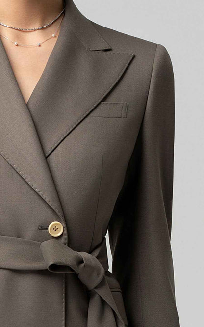 Women's Olive Green Belted Double-Breasted Suit Set