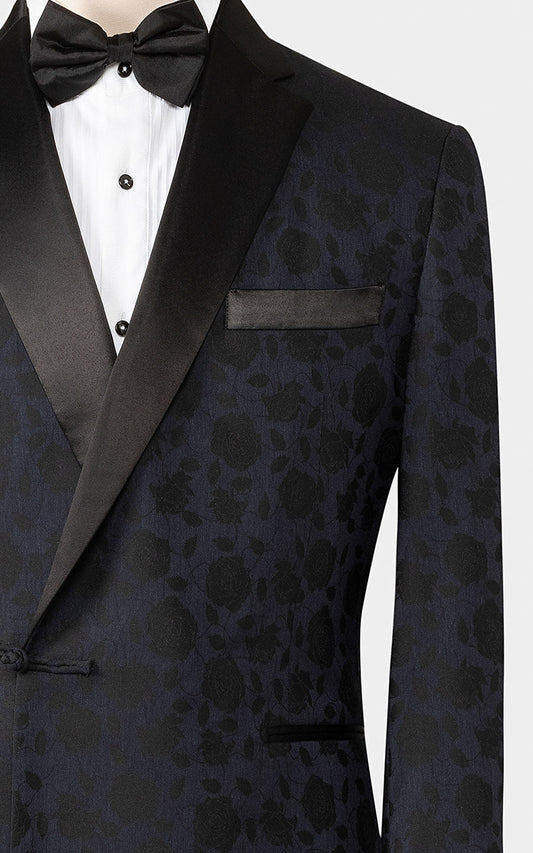 Navy Blue Moire Jacquard Fabric - Luxury Tuxedo Texture