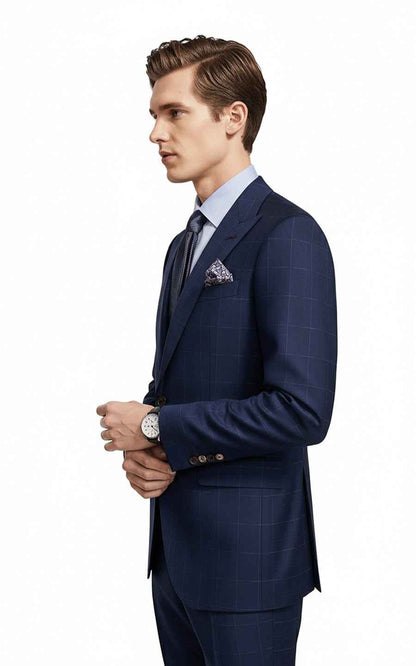 Navy blue custom men's business casual plaid suit coat