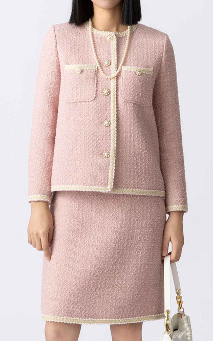 Elegant Pink Tweed Suit Set - Jacket & Skirt Ensemble