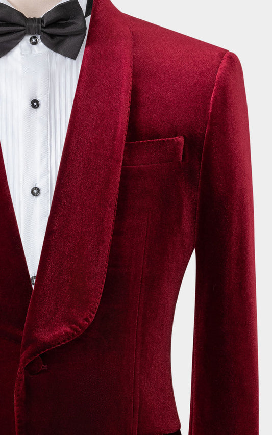 Man wearing red velvet custom tailored formal tuxedo
