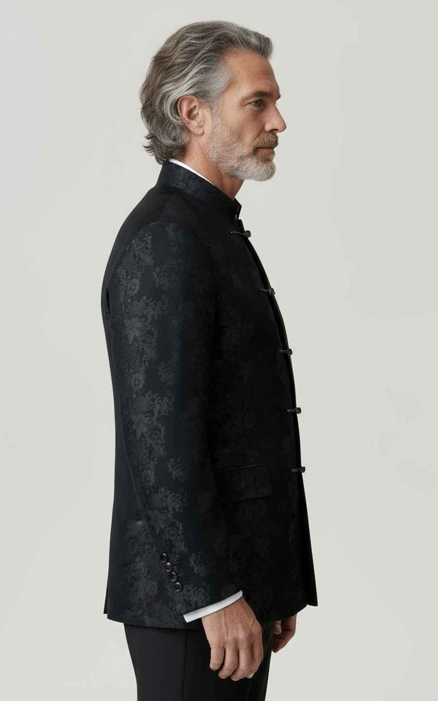 Black Floral Jacquard Mandarin Collar Mens Dress Suit Coat