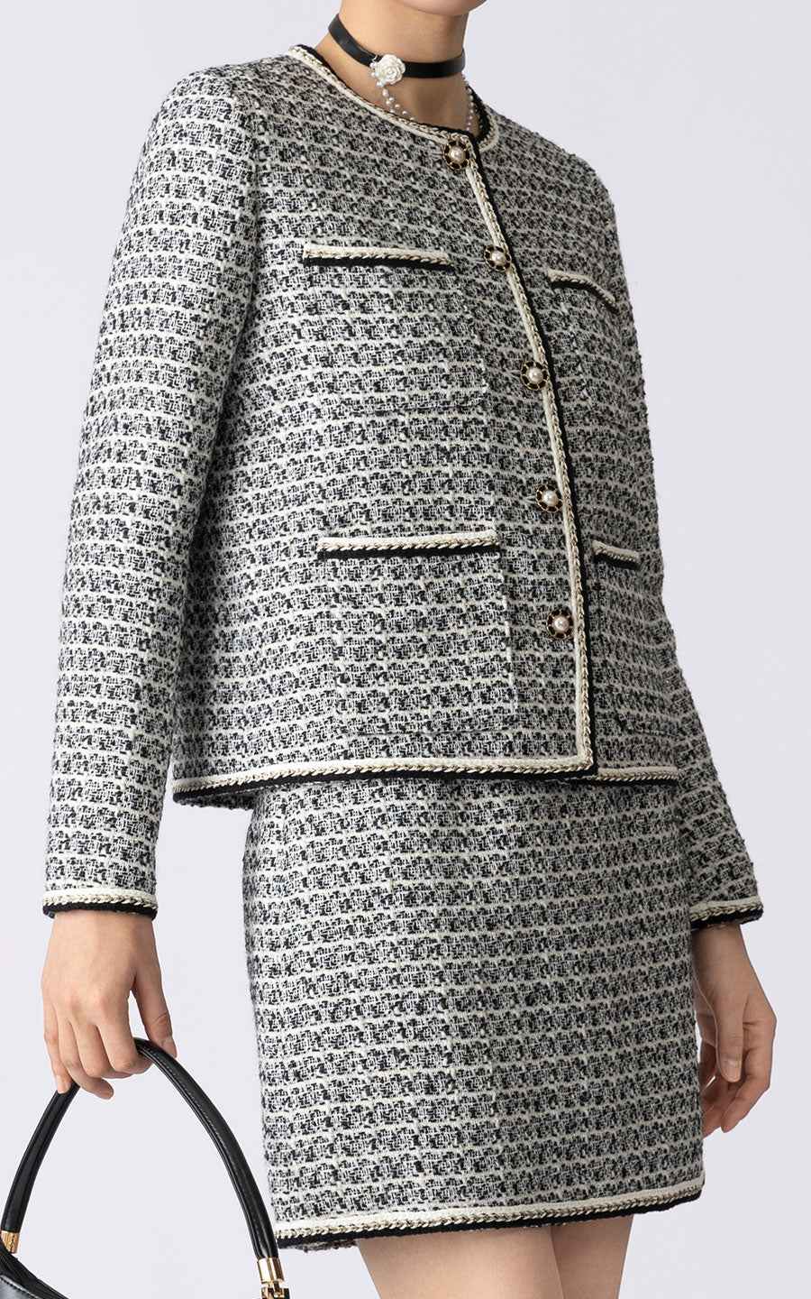 Elegant Tweed Blazer Skirt Set - Professional Business Suit