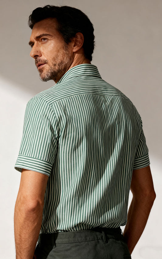 Green & White Striped Business Casual Shirt