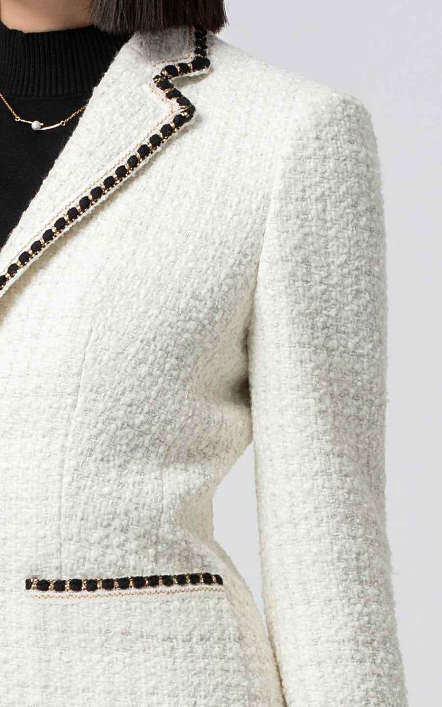 White Tweed Jacket & Skirt Set with Black Trim - Classic