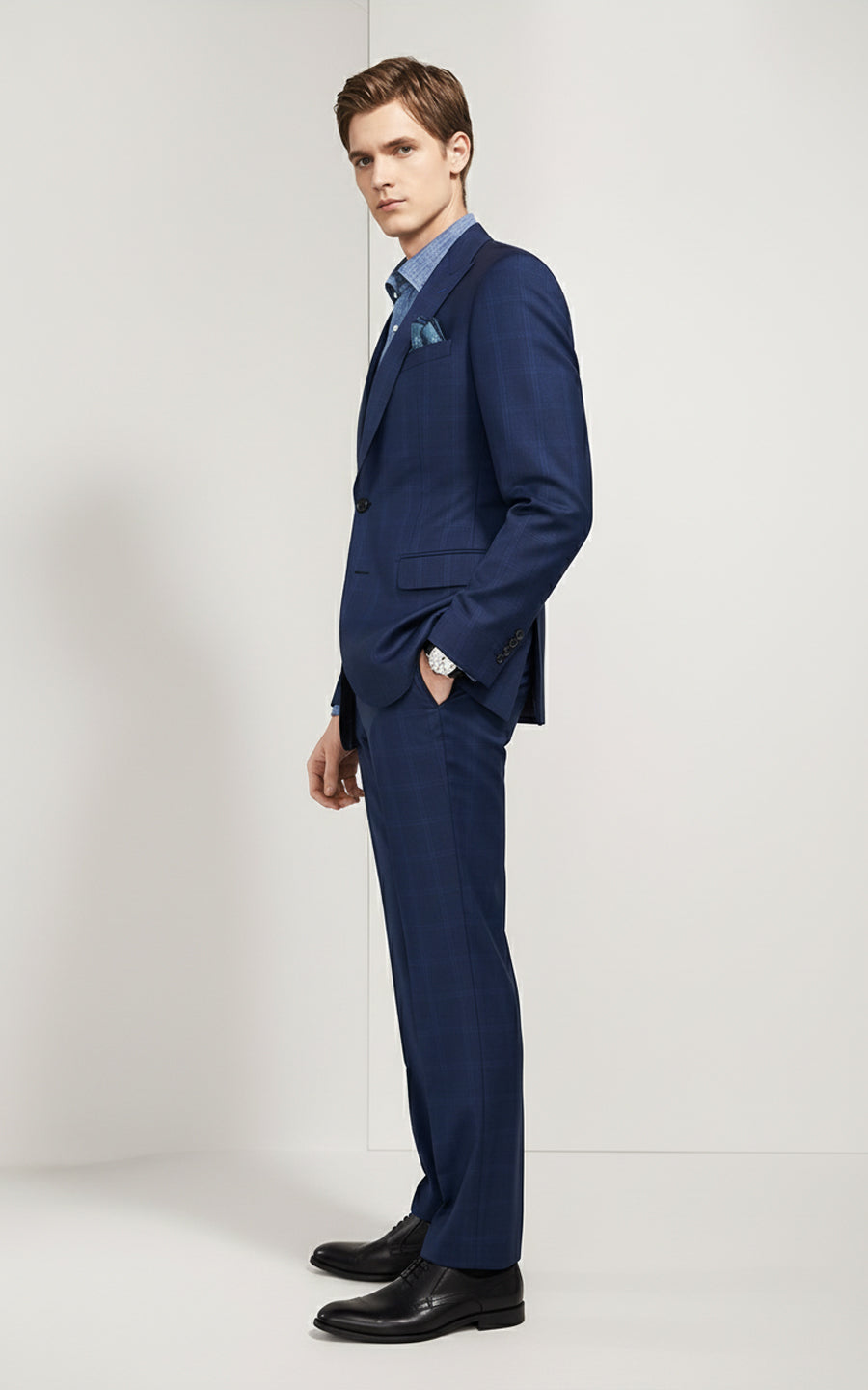 Mens Dark Blue Windowpane Custom Business Suit Set