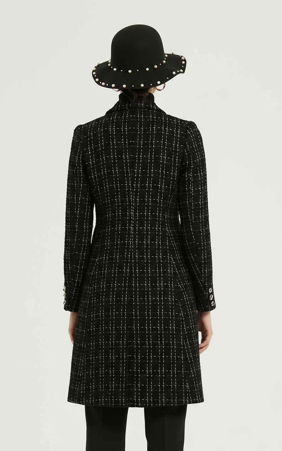 Women's Black Coat - Tweed Pearl Details | Elegant