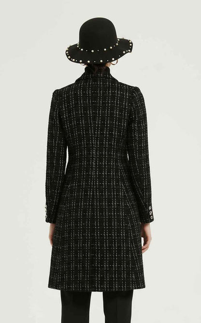 Women's Black Coat - Tweed Pearl Details | Elegant