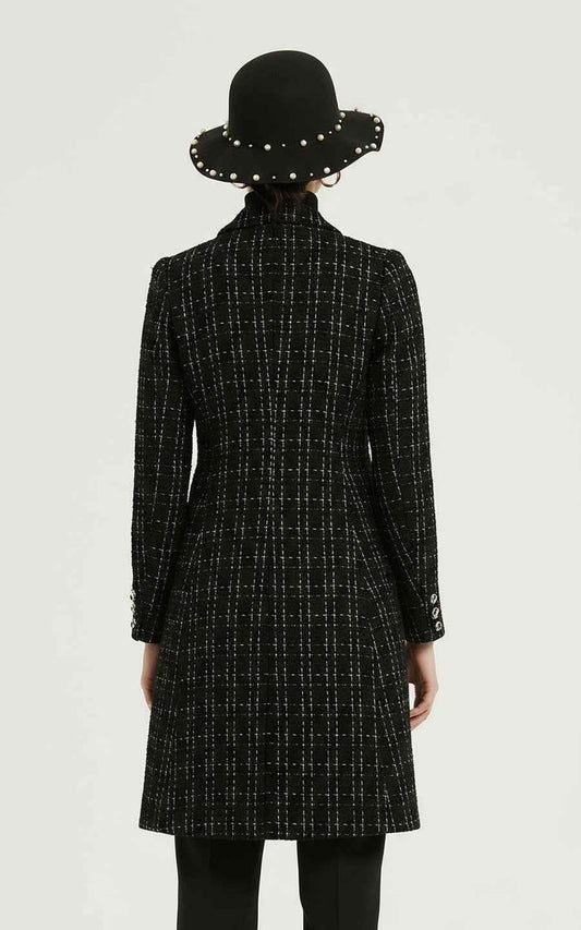 Women's Black Coat - Tweed Pearl Details | Elegant