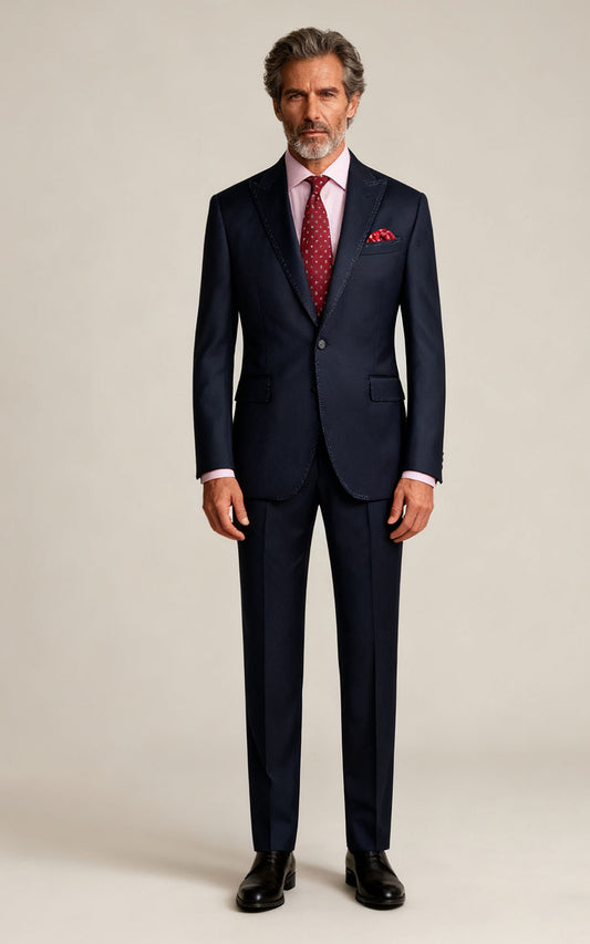 Navy Blue Camel Silk Custom Business Suit - Tailored