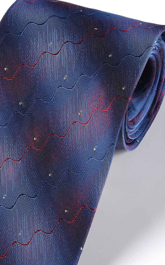 Close-up of navy blue wave pattern on luxury silk necktie
