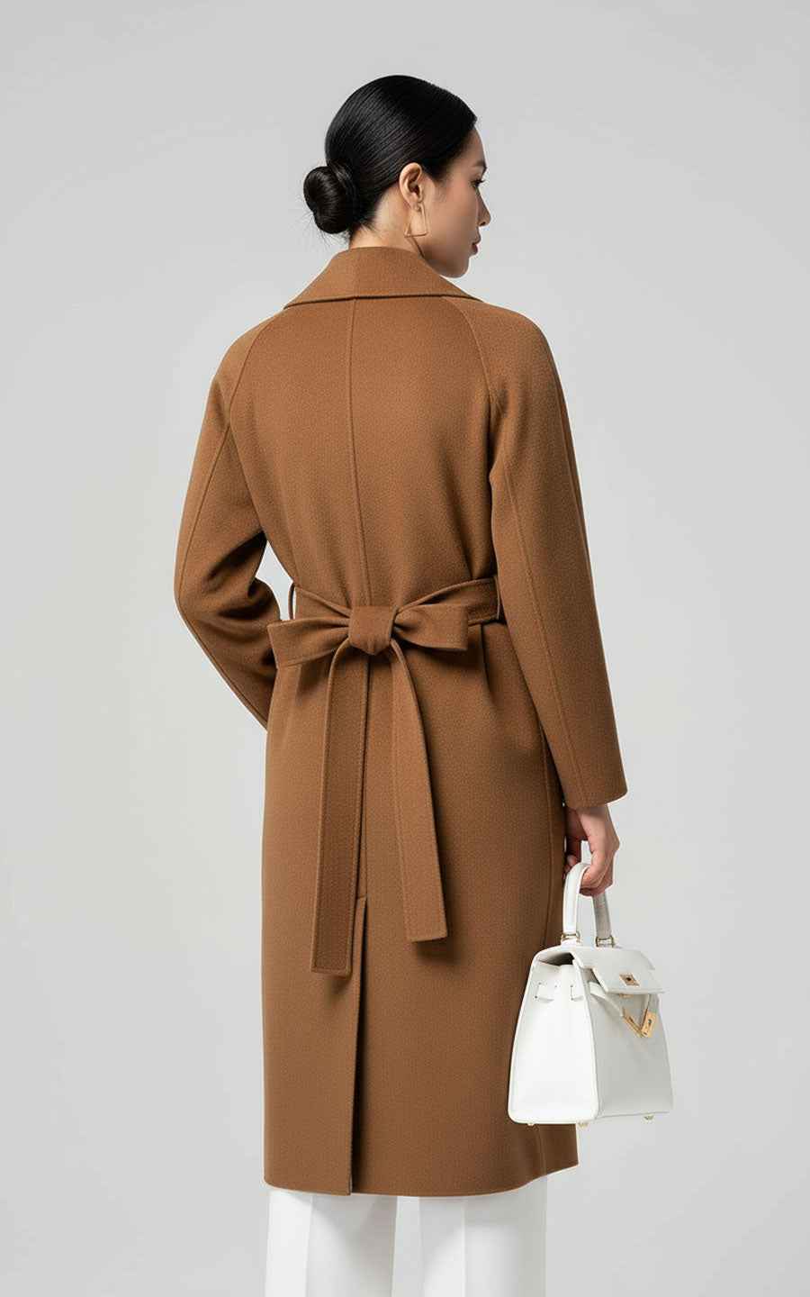 Elegant Camel Belted Wrap Coat - Classic Trench Style