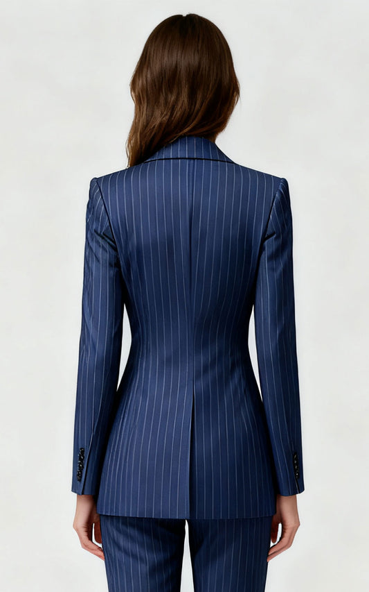Navy Blue Pinstripe Single-Button Blazer