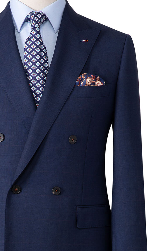Navy blue grid bespoke suit fabric texture close up