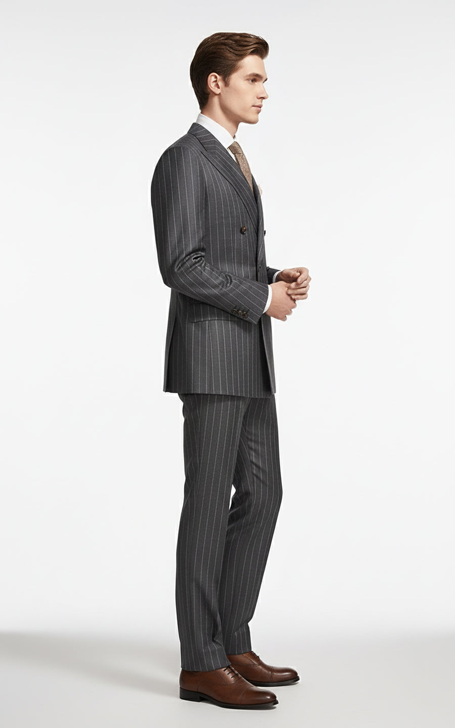 Men's gray pinstriped double-breasted formal custom suits set
