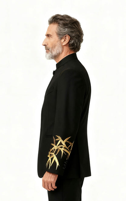 Men's Black Groom Blazer - Golden Bamboo Embroidered