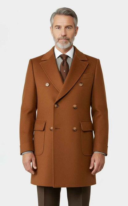 Deep Camel Double Breasted Men Overcoat Premium Wool Winter