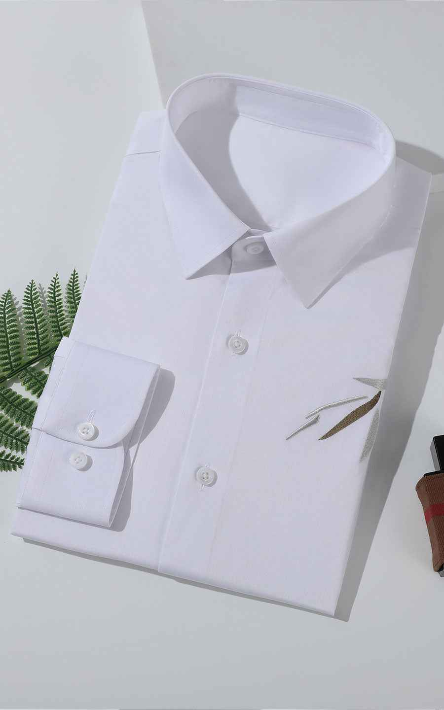 WIAI Pure White Leaf Embroidered Men's Dress Shirt