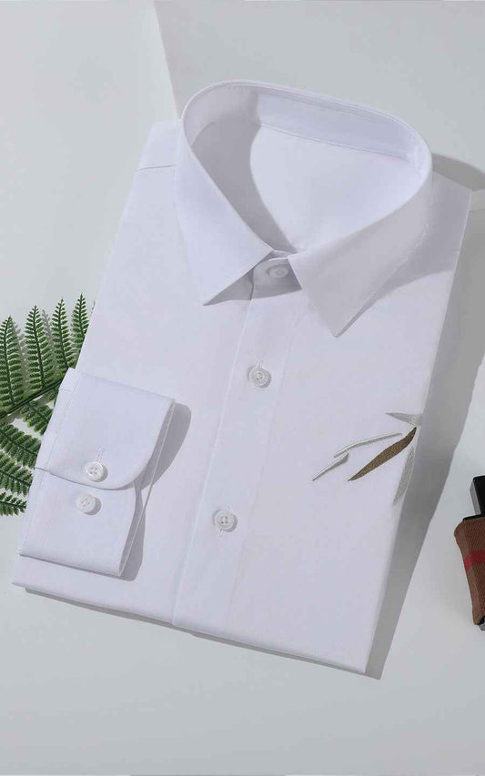 WIAI Pure White Leaf Embroidered Men's Dress Shirt
