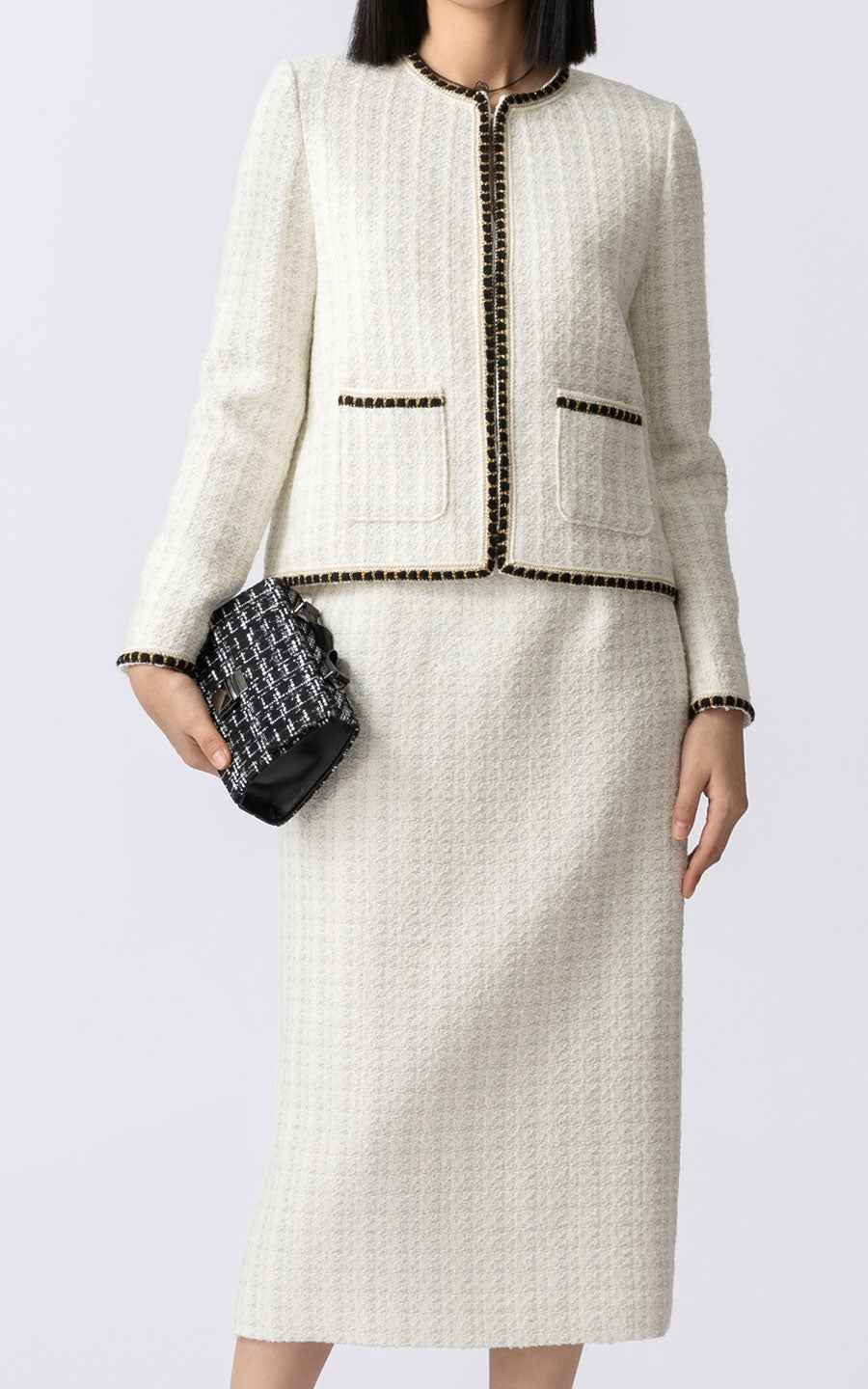 Elegant Cream Tweed Jacket & Skirt Set - Professional