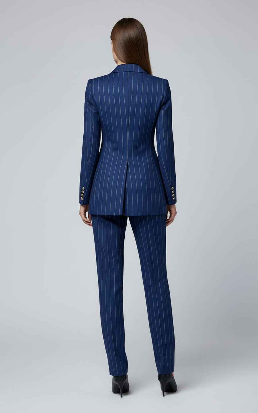 Women's double-breasted blue pinstripe suit set