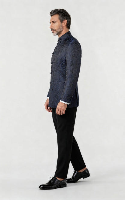 Blue Jacquard Silk Fabric for Custom Men's Wedding Suits