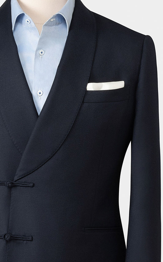 Blue black camel silk brocade fabric detail custom suit