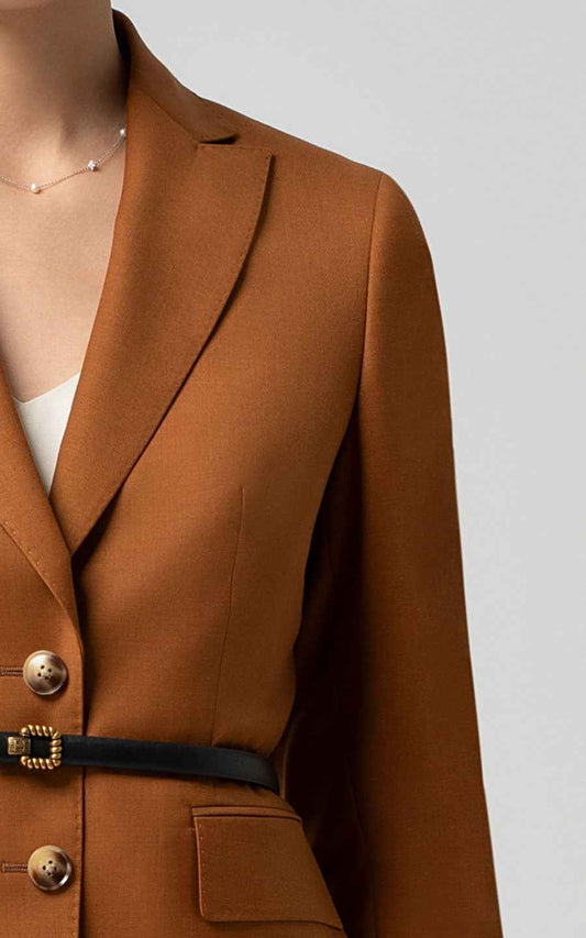Elegant Brown Blazer with Belt - Women's Tailored Jacket