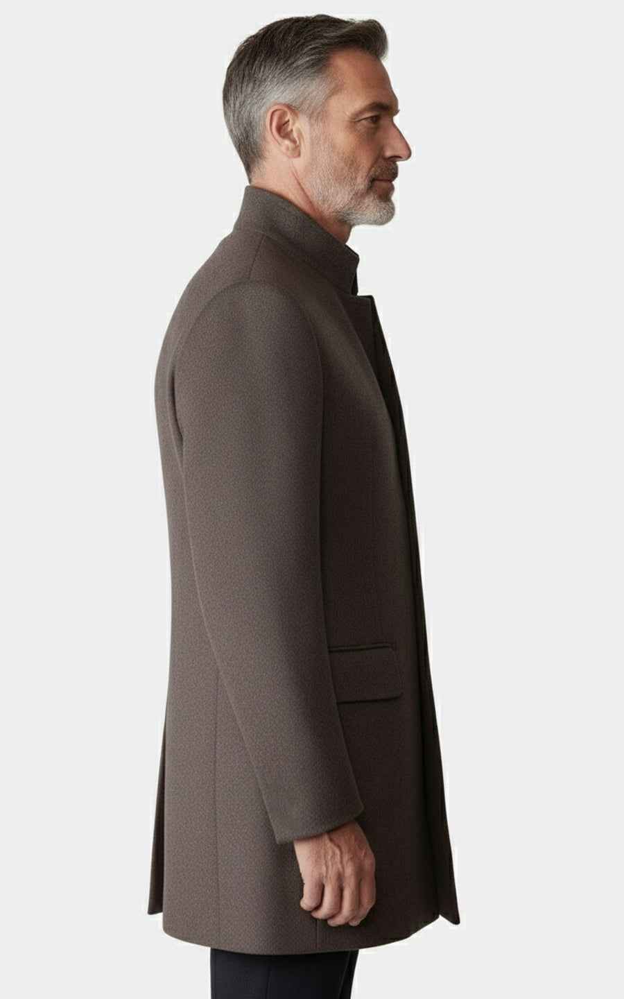 Dark brown wool stand-up collar for men trench coat tailored