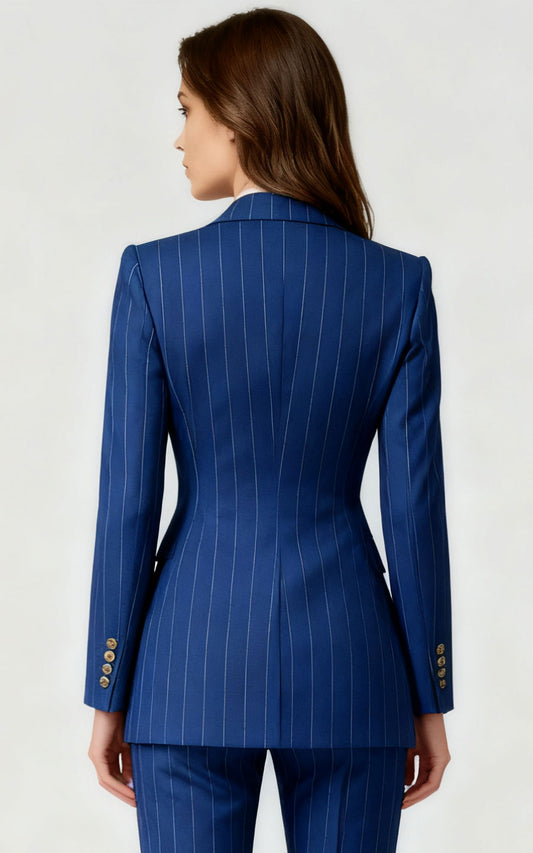 Navy Blue Pinstripe Double-Breasted Blazer Gold Buttons