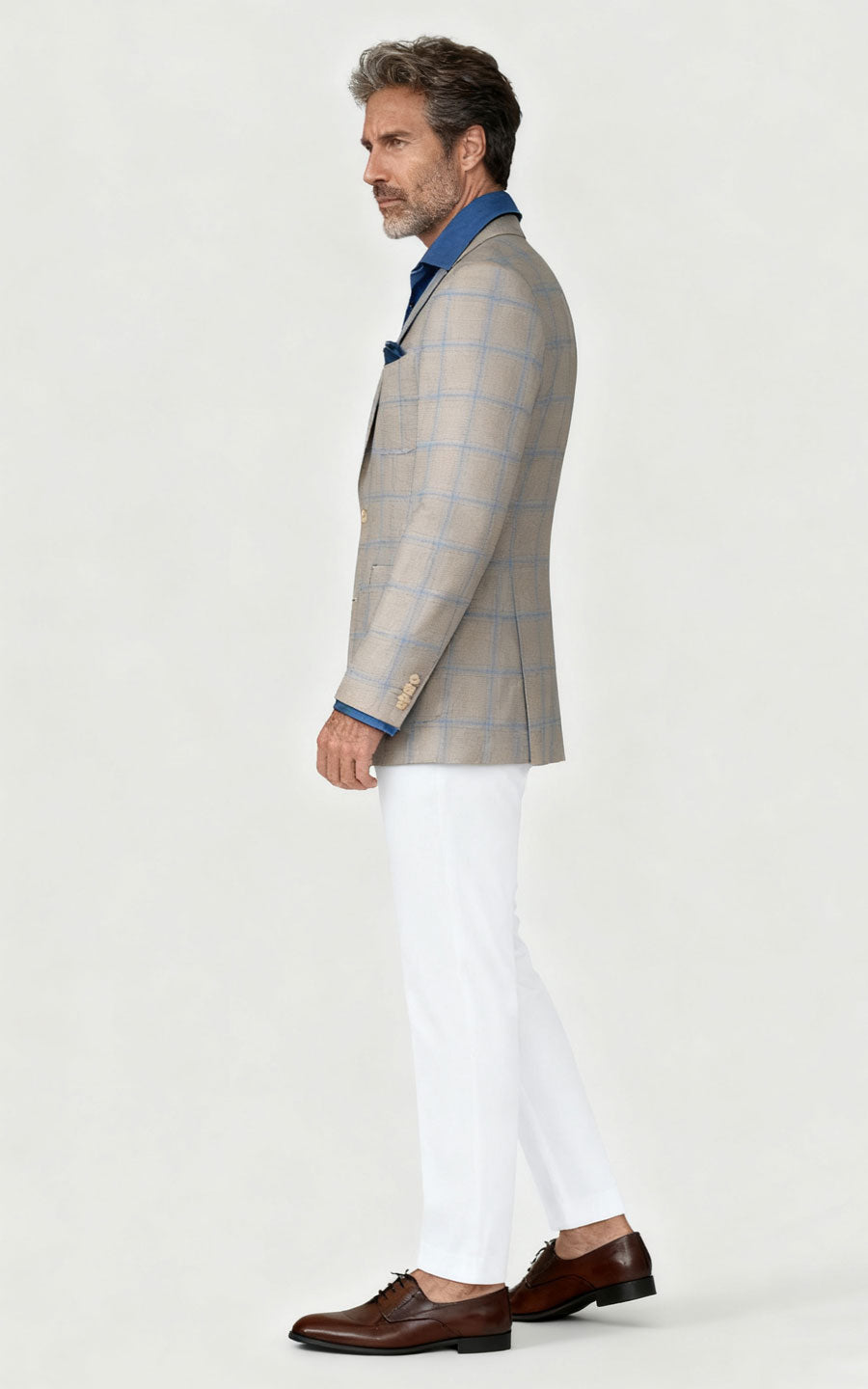 Custom Khaki Blue Plaid Wool Casual Suit Set
