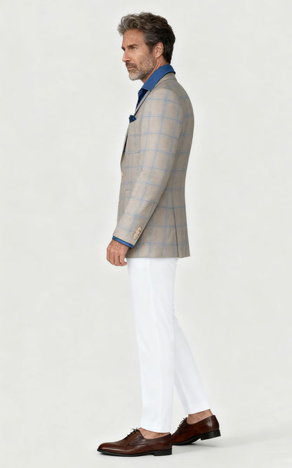 Custom Khaki Blue Plaid Wool Casual Suit Set