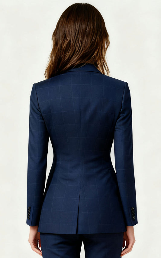 Navy Blue Checkered Double-Breasted Blazer