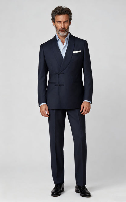 Custom Suit Blue Black Camel Silk Brocade