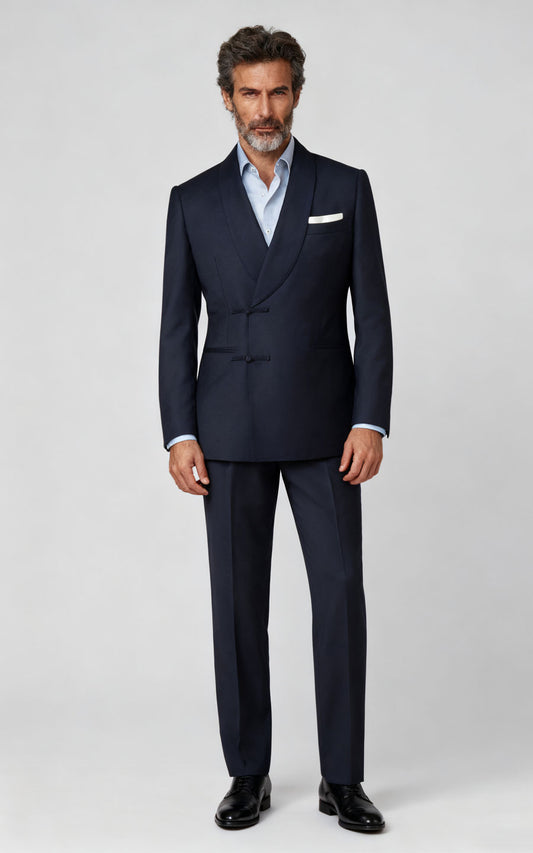 Custom Suit Blue Black Camel Silk Brocade